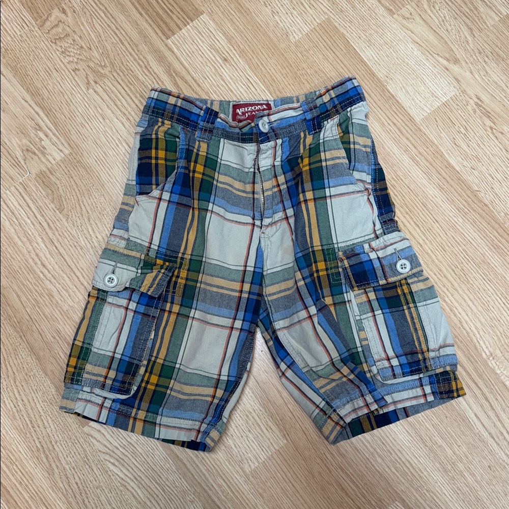 Arizona Jean Co Boys Size 10 Regular Blue Multicolor Plaid Cargo Shorts Cotton
